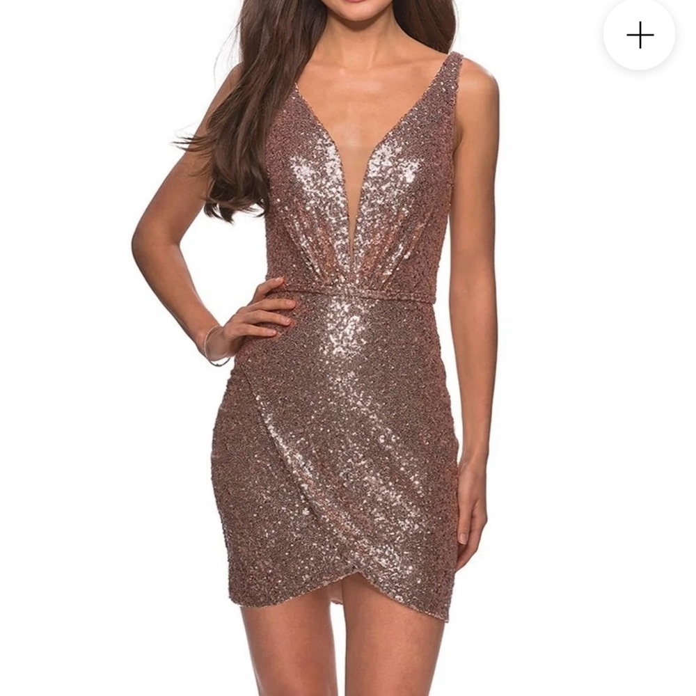 La Femme Gold Sequin Mini Dress with Deep V - NWT